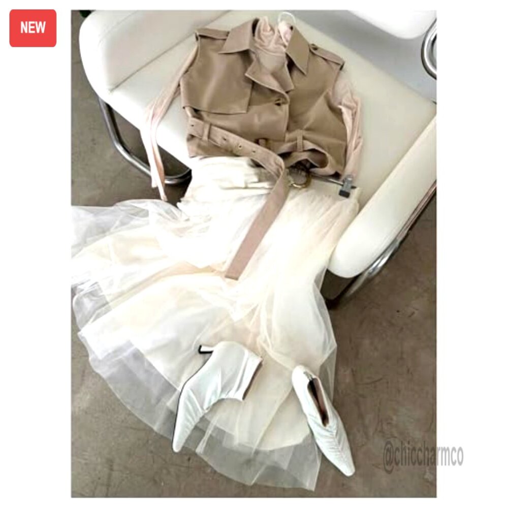 Sleeveless Cropped Trench Coat Belted Lapel Collar Vest Chic Minimal Elegant - Picture 6 of 7